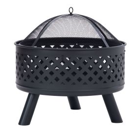 U-style Round Outdoor Steel Wood Burning Fire Pit with Spark Screen for Backyard Garden Camping Bonfire Patio,Black AL