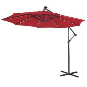 10 Feet Patio Solar Powered Cantilever Umbrella with Tilting System (Color: Wine)