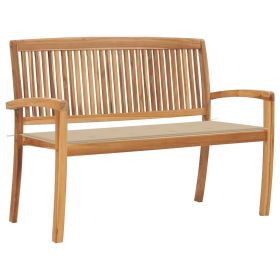 Stacking Garden Bench with Cushion 50.6" Solid Teak Wood (Color: Beige)