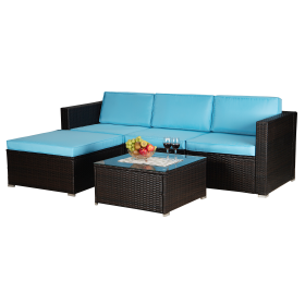 Outdoor Garden Patio Furniture 5-Piece Brown PE Rattan Wicker Sectional Cushioned Sofa Sets (Color: Blue)