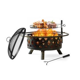 Outdoor Recreation Dinning Barbeque 2-in-1 Heating & BBQ Fire Pit (Color: Black)