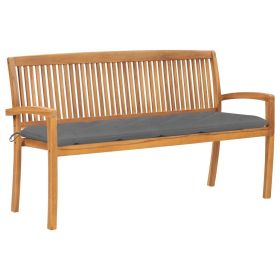 Stacking Garden Bench with Cushion 62.6" Solid Teak Wood (Color: Grey)