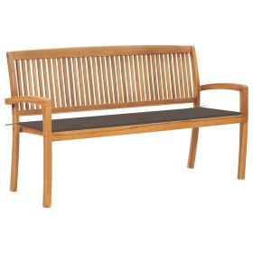 Stacking Garden Bench with Cushion 62.6" Solid Teak Wood (Color: Taupe)