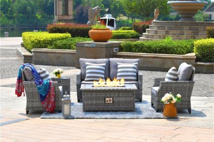 Direct Wicker Fire Pit Table With Chair Rattan Wicker Sofa Set out Door Furniture Garden Set (Color: Grey)