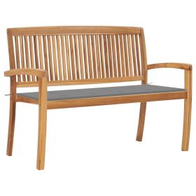 Stacking Garden Bench with Cushion 50.6" Solid Teak Wood (Color: Grey)