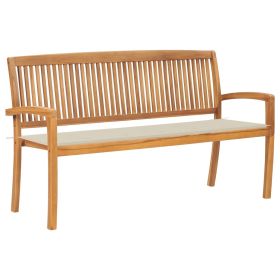 Stacking Garden Bench with Cushion 62.6" Solid Teak Wood (Color: Cream)