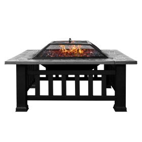 32in 3 in 1Multifunctional Fire Pit Table  Metal Square Patio Firepit Table BBQ Garden Stove with Spark Screen, Cover, Log Grate and Poker for Warmth,