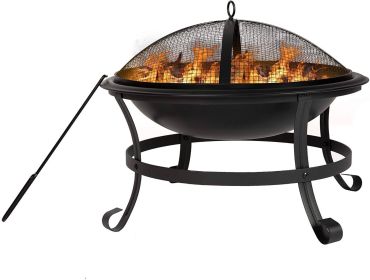 Bosonshop 22'' Outdoor Wood Burning BBQ Grill Firepit Bowl w/Spark Round Mesh Spark Screen Cover Fire Poker Patio Steel Fire Pit Bonfire for Backyard