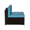 Beefurni Outdoor Garden Patio Furniture 5-Piece Brown PE Rattan Wicker Sectional Blue Cushioned Sofa Sets with 2 Red Pillows