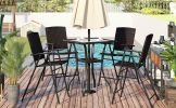 Outdoor Patio PE Wicker 5-Piece Counter Height Dining Table Set with Umbrella Hole and 4 Foldable Chairs, Brown