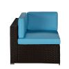 Beefurni Outdoor Garden Patio Furniture 5-Piece Brown PE Rattan Wicker Sectional Blue Cushioned Sofa Sets with 2 Red Pillows