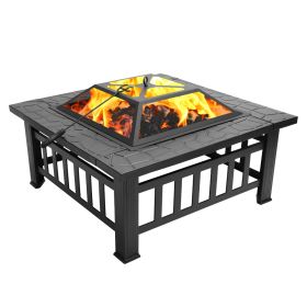 32 Inch Heavy Duty 3 in 1 Metal Square Patio Firepit Table BBQ Garden Stove with Spark Screen Cover Log Grate and Poker for Outside Wood Burning and D