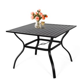 MEOOEM Outdoor Metal Patio Dining Table with Umbrella Hole, Metal Steel Square Backyard Bistro Table for Garden, Poolside, Backyard, Black