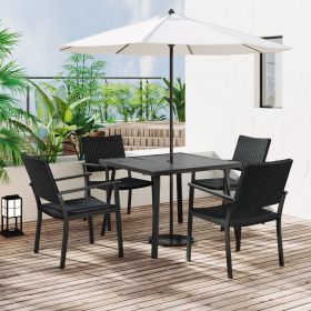 Outdoor Patio PE Wicker 5-Piece Dining Table Set with Umbrella Hole and 4 Dining Chairs for Garden, Deck,Black Frame+Black Rattan (Color: Black)