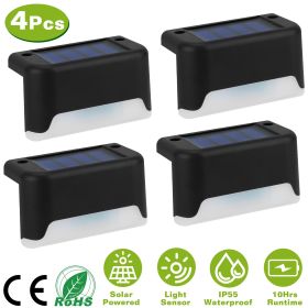 4Pcs Solar Powered LED Step Lights Outdoor IP55 Waterproof Dusk To Dawn Sensor Fence Lamps (Color: Black, Light Color: Warm)