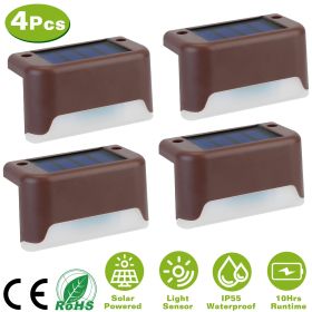 4Pcs Solar Powered LED Step Lights Outdoor IP55 Waterproof Dusk To Dawn Sensor Fence Lamps (Color: Brown, Light Color: White)