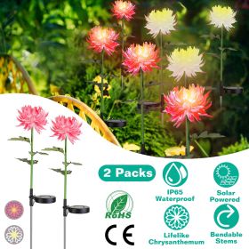 2 Packs Solar LED Chrysanthemum Lights Solar Powered Garden Flower Stake Lamp (Color: Pink)