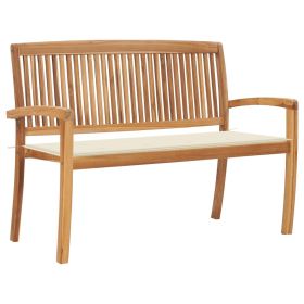 Stacking Garden Bench with Cushion 50.6" Solid Teak Wood (Color: Cream)