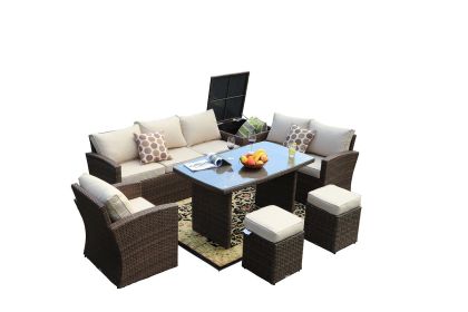 Direct Wicker 7 PCS Outdoor PE Rattan Wicker Sofa Rattan Patio Garden Furniture, With Wide Cabinet, Gray (Color: Brown)