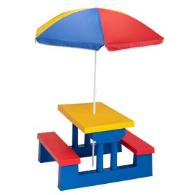 Kid Outdoor Picnic Table Set with Removable and Foldable Umbrella, Junior Activity Play Table with Bench, Multicolor (Color: Red/Yellow/Blue)
