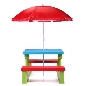 Kid Outdoor Picnic Table Set with Removable and Foldable Umbrella, Junior Activity Play Table with Bench, Multicolor (Color: Red/Green/Blue)